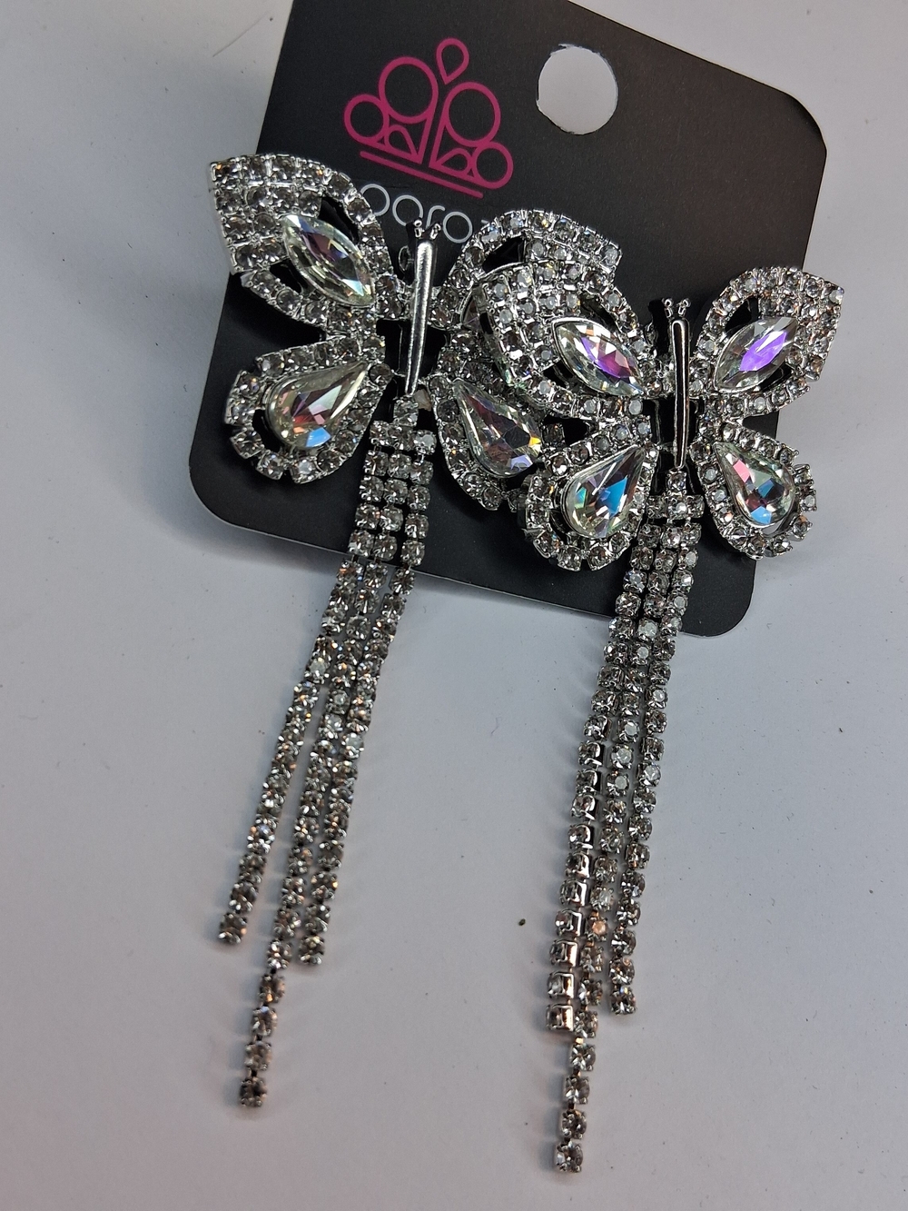 Silver Butterfly Rhinestone Drop Earrings - Picture 2 of 2